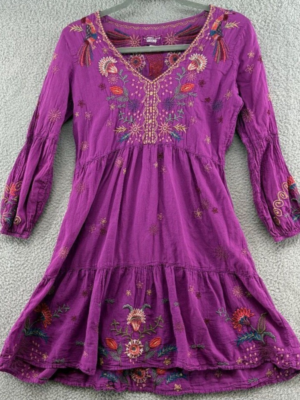 Johnny Was Vibrant Purple Floral Embroidered Boho Dress XS small birds cotton